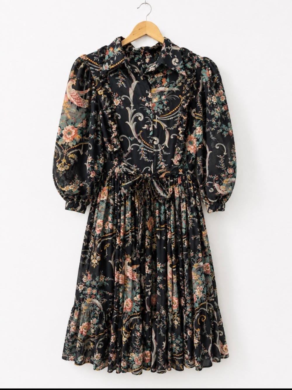 Selkie Black Floral & Bird Print Pleated Midi Dress